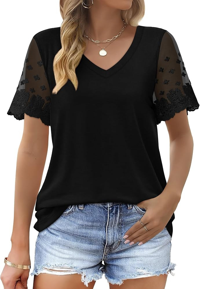 OFEEFAN Casual V Neck T Shirts for Women Lace Short Sleeve Curved Hem Tops Loose Fit | Amazon (US)