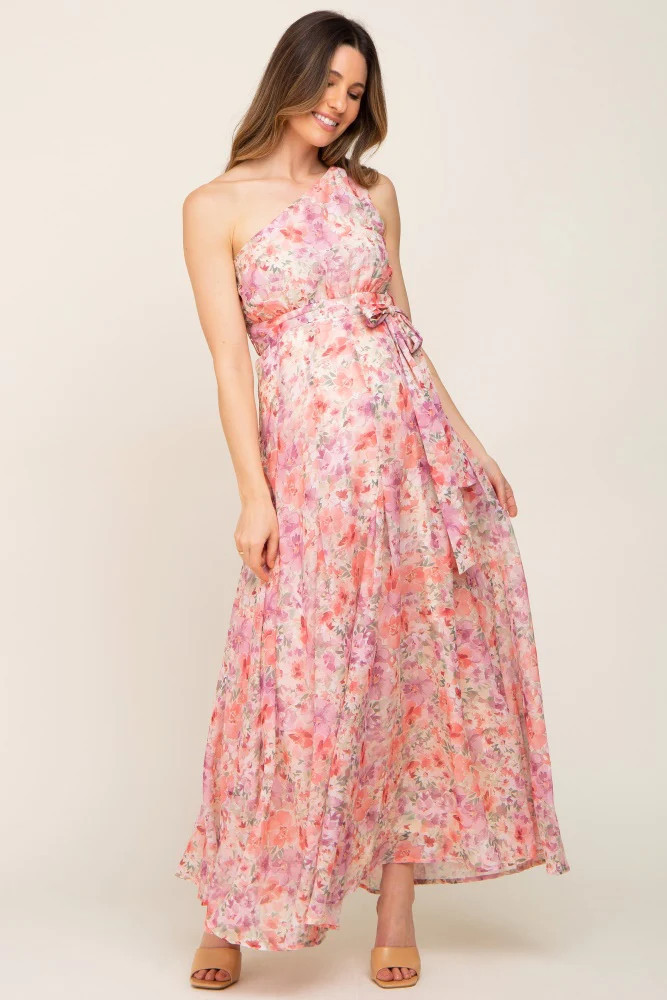 Pink Floral Chiffon One Shoulder Maternity Maxi Dress | PinkBlush Maternity