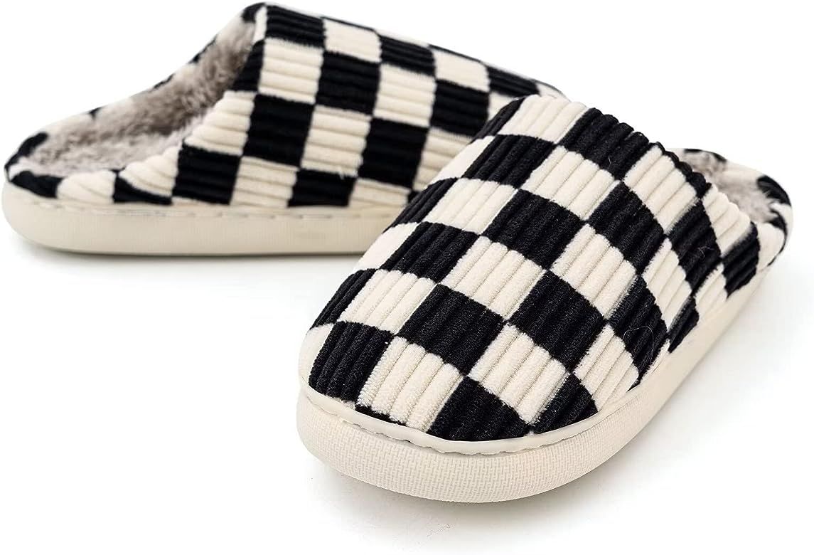 House Slippers for Women Men, Mukinrch Plush House Shoes Memory Foam Checkered Slippers Womens Casua | Amazon (US)