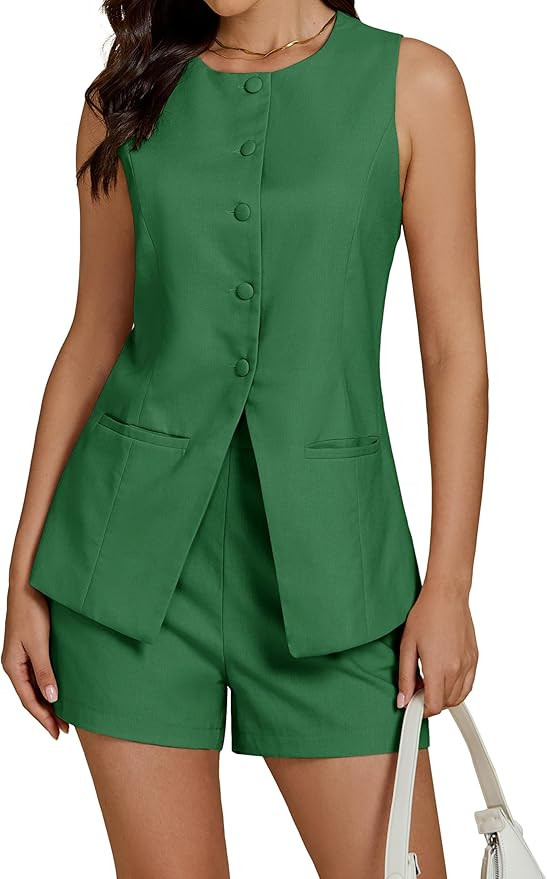 luvamia Linen Sets for Women 2 Piece Outfits Summer Shorts Button Down Vest Dressy Causal Vacatio... | Amazon (US)