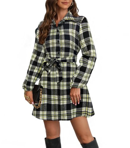 Melliflo Red Plaid Mini Fall Dress for Women Lapel Collar Button Down Shirt Dress Tie Cutout Waist Lace Up Belted Dresses | Amazon (US)