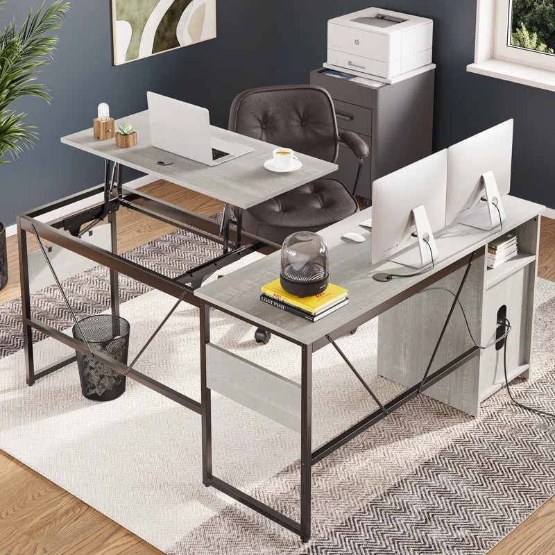 Khairi Lift Top L Shaped Desk 60 Inch with Cabinet Height Adjustable Standing Computer Desk | Wayfair North America