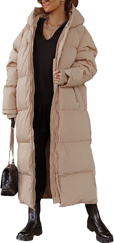 Amazon.com: Women Long Quilted Coat Hooded Maxi Length Long Sleeve Puffer Jacket Padded Coat Wint... | Amazon (US)