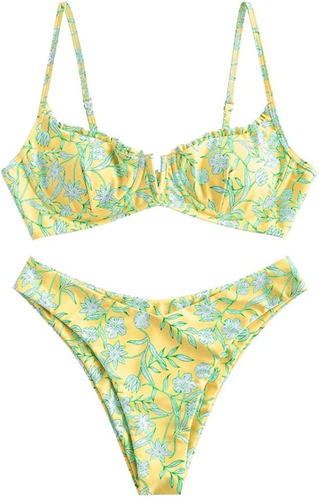 ZAFUL Women's Floral V-Wired Underwire High Leg Two Piece Bikini Set Swimsuit | Amazon (US)