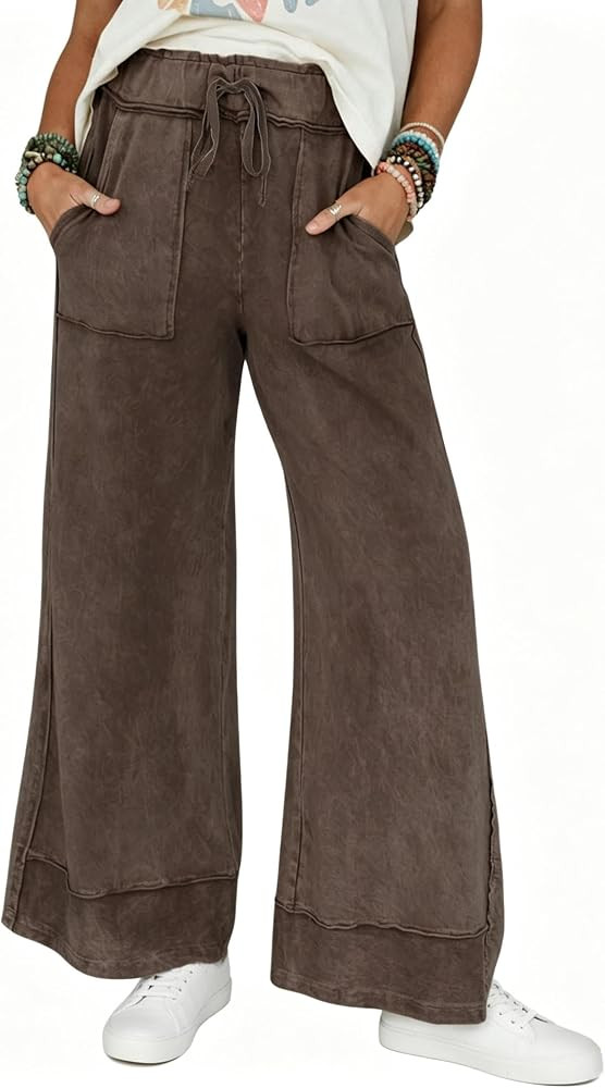 Athlisan Womens Casual Wide Leg Sweatpants Acid Wash Elastic Waisted Palazzo Pants Trousers with ... | Amazon (US)