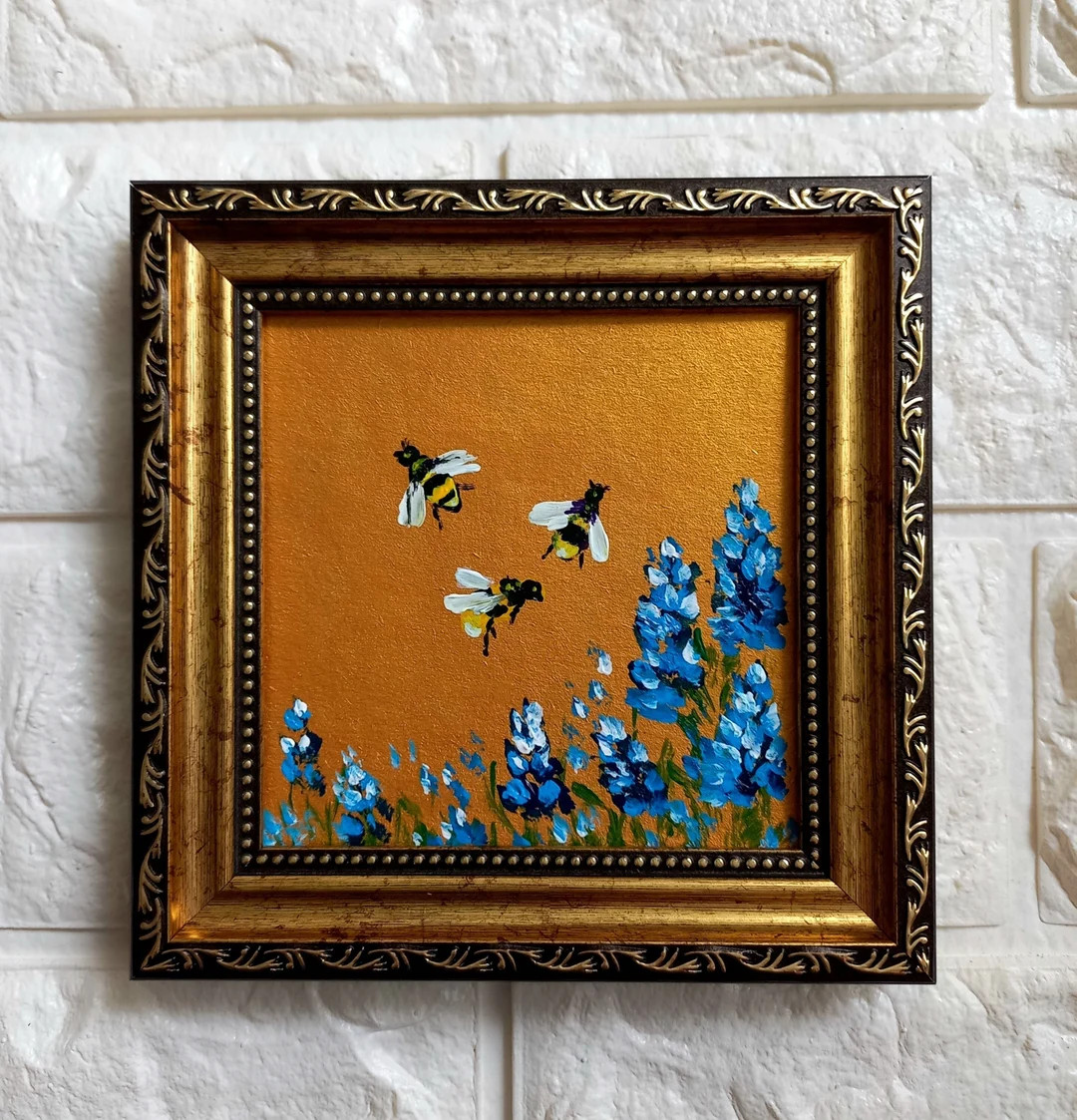Bee Painting Bumblebee on Flower Painting Gold Framed Miniature Original Art Honeybee Small Wall ... | Etsy (US)