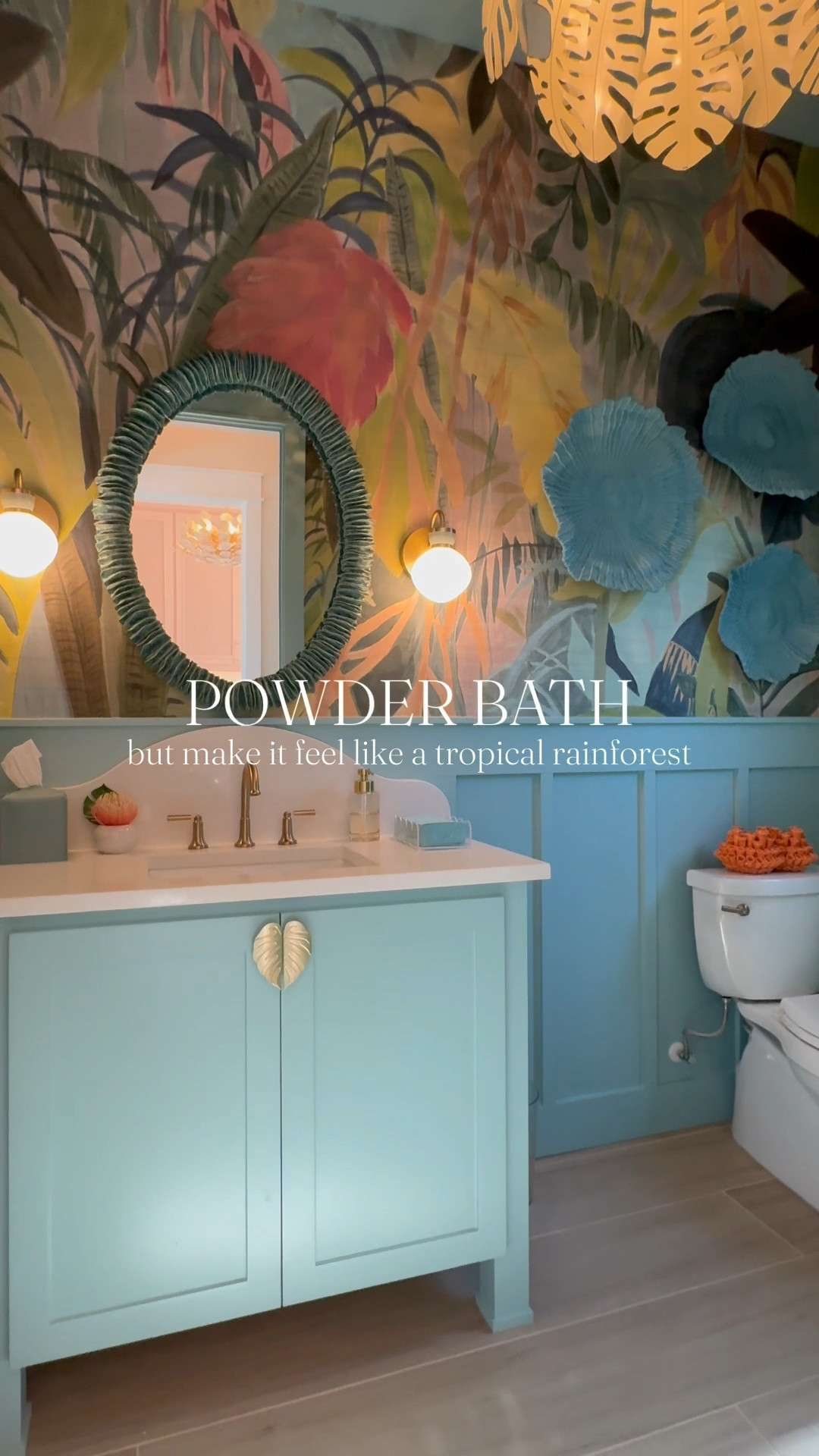POV: you open the powder bath and it feels like a hidden tropical rainforest retreat 🌿🌊  

Wrapped this clients powder bath in Thibaut’s Rainforest mural, Aquaverde paint by SW, leaf knobs for a subtle wink, and a mottled teal mirror tying it all together.

#LTKSeasonal #LTKHome #LTKdayinmylife