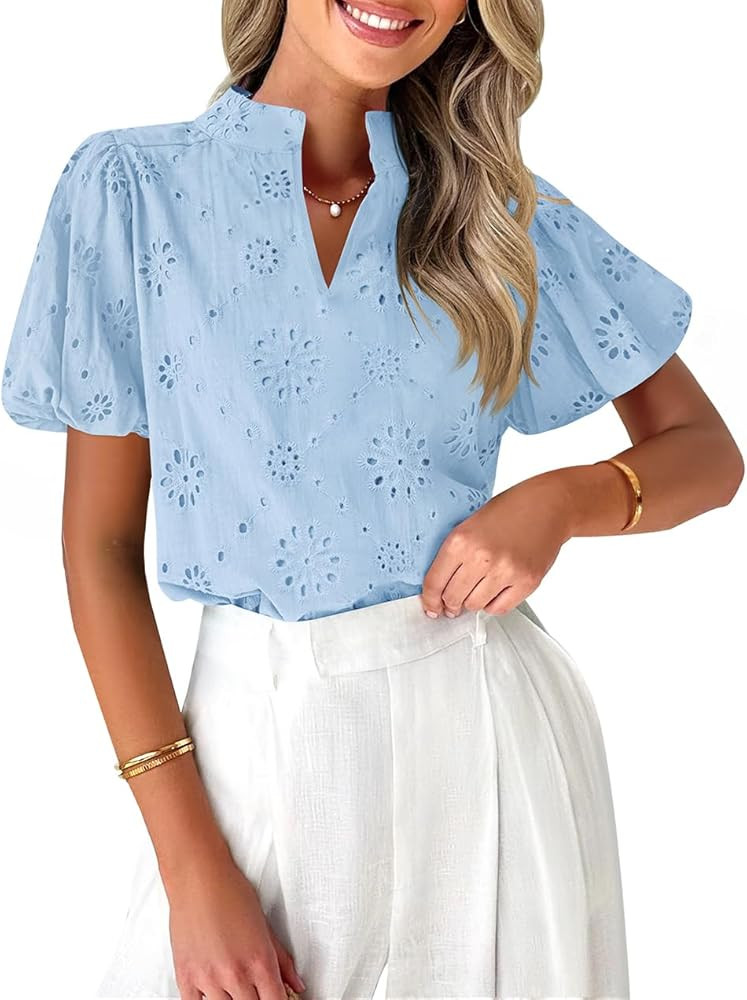 ZESICA Women's Summer Short Puff Sleeve Shirts 2025 V Neck Casual Hollow Out Lace Embroidered Blo... | Amazon (US)