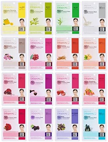 DERMAL KOREA Collagen Essence Full Face Facial Mask Sheet 16 Combo Pack B - Nature Made Freshly P... | Amazon (US)