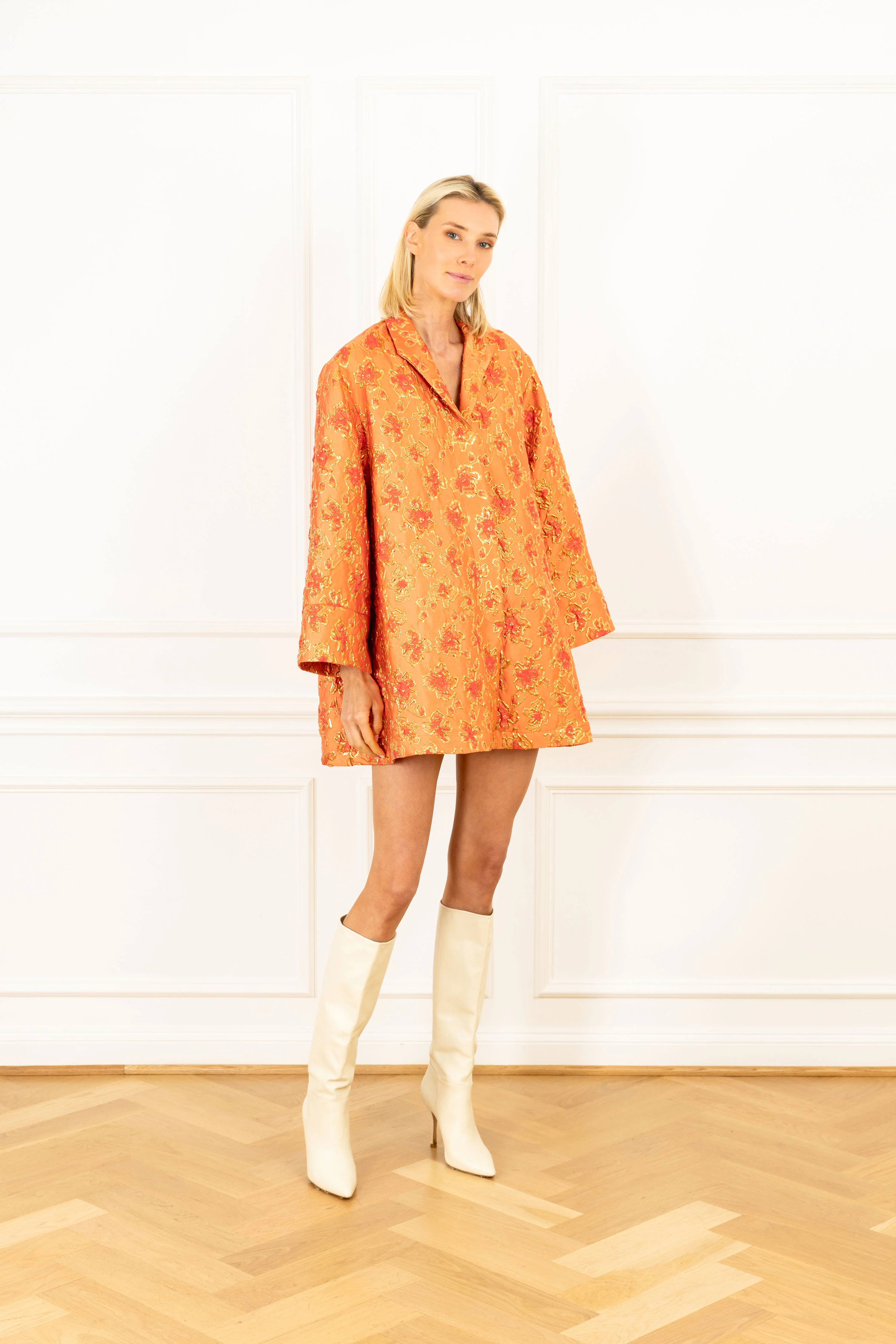 Gilded Orange Brocade Mini Dress Coat | La Vie Style House