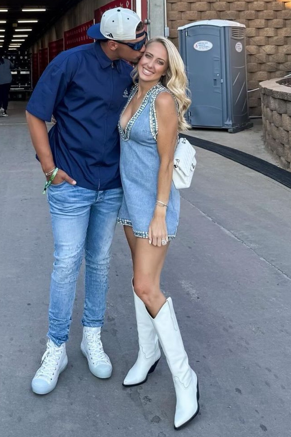 Brittany Mahomes Embellished Denim Dress, white western cowboy boots white quilted Chanel shoulder bag #BrittanyMahomes #CelebrityStyle 

#LTKItBag #LTKSaleAlert #LTKStyleTip