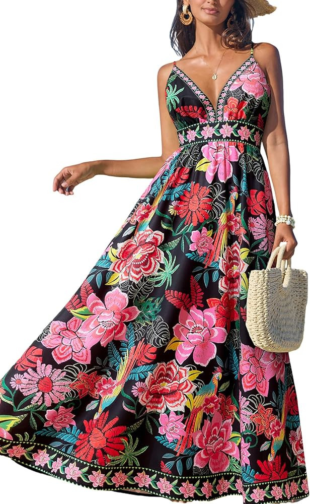 CUPSHE Women's Summer Dresses Casual Spring V Neck Sleeveless Floral Beach Vacation Long Spaghett... | Amazon (US)
