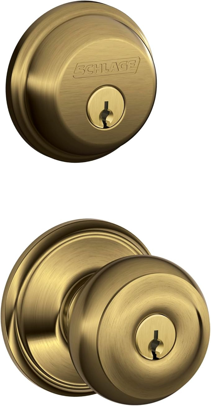 Schlage FB50 V GEO 609 Single Cylinder Deadbolt and Keyed Entry Georgian Knob, Antique Brass - Do... | Amazon (US)