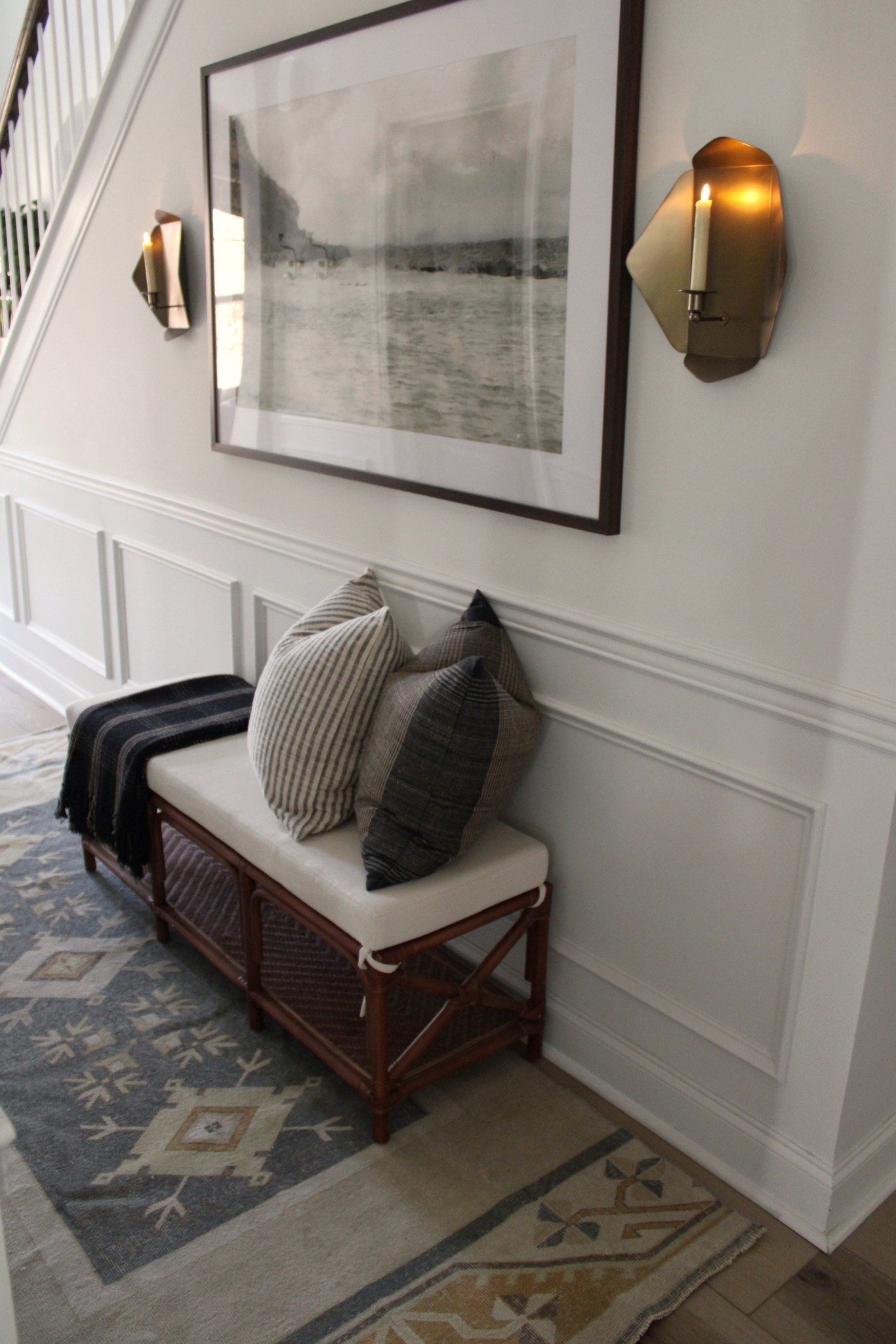 Hallway ideas, bench, vintage rug,
Runner, battery powered candle
Sconces, vintage brass sconces 
