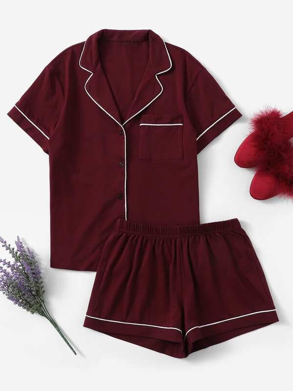 Contrast Piping Pocket Front Shirt & Shorts PJ Set | SHEIN