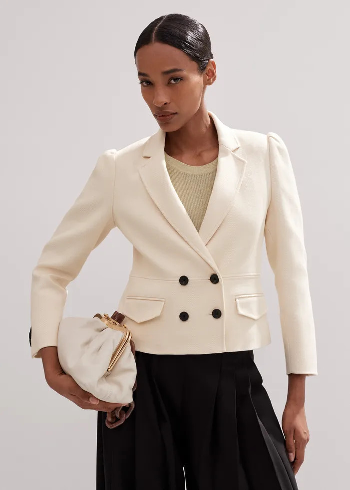 Cotton Herringbone Fitted Short Blazer | ME+EM US