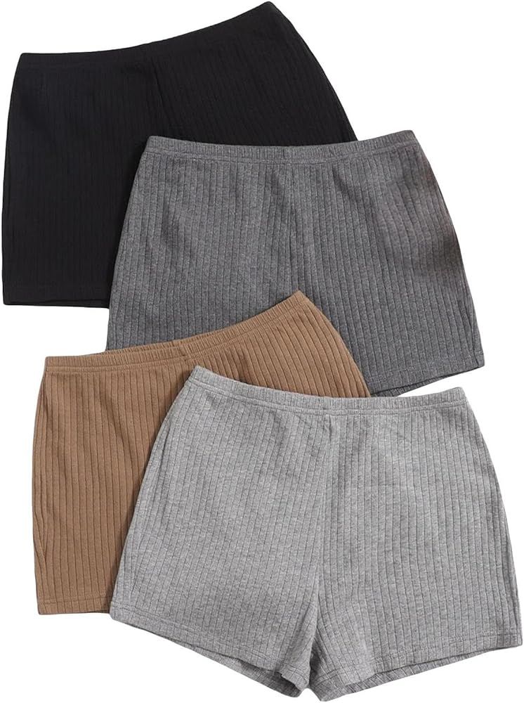 COZYEASE Women's 4Pcs Rib Knit Shorts Casual Elastic Waist Slim Fit Soft Yoga Bottoming Shorts | Amazon (US)