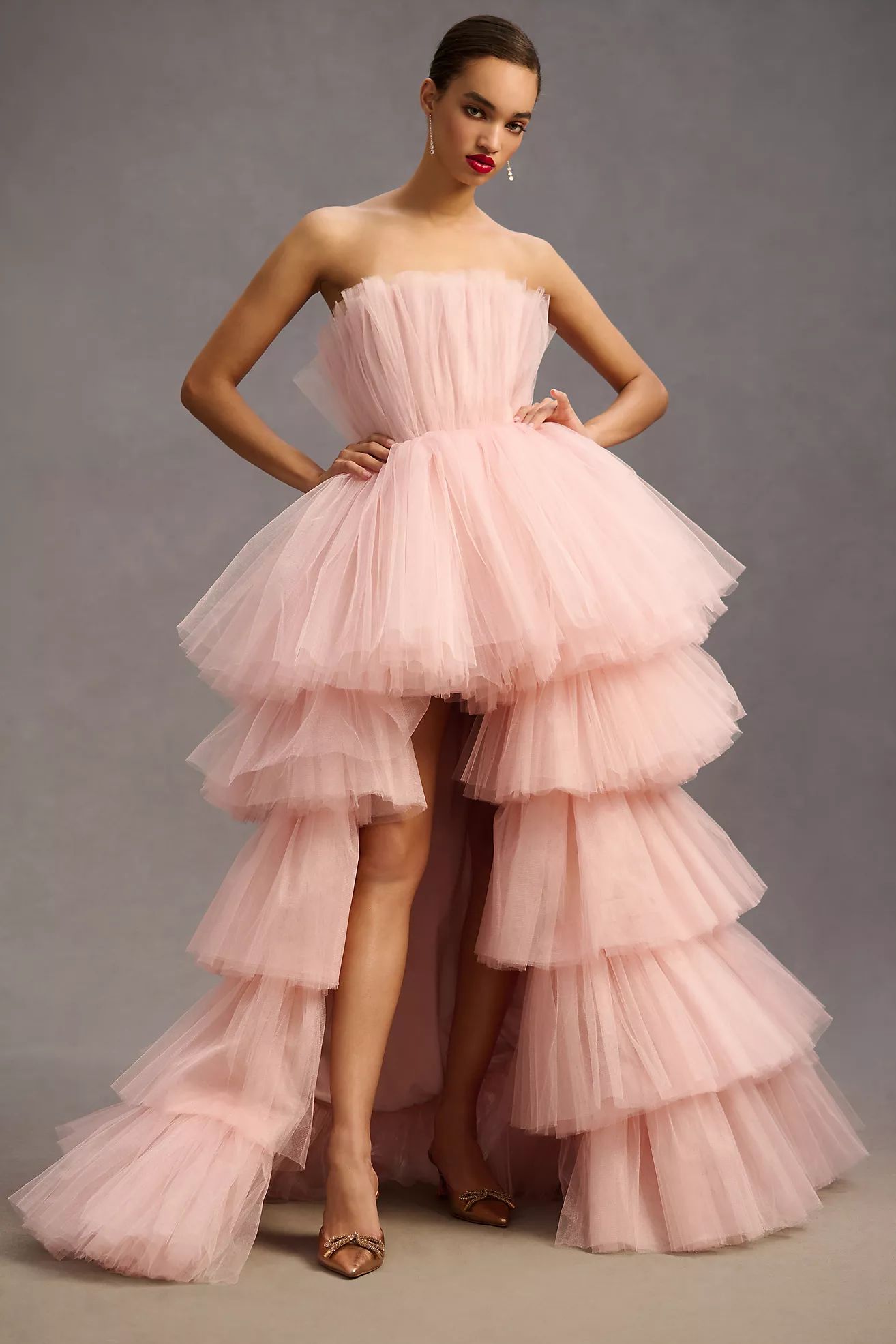 Morphine Fashion Strapless Tiered Tulle Asymmetric Gown | Anthropologie (US)