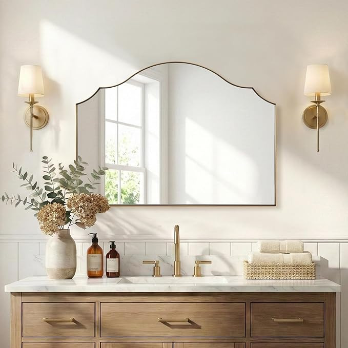 ANDY STAR Scalloped Arched Mirror, 36x26 Inch Gold Mantle Mirror with Stainless Steel Metal Frame... | Amazon (US)