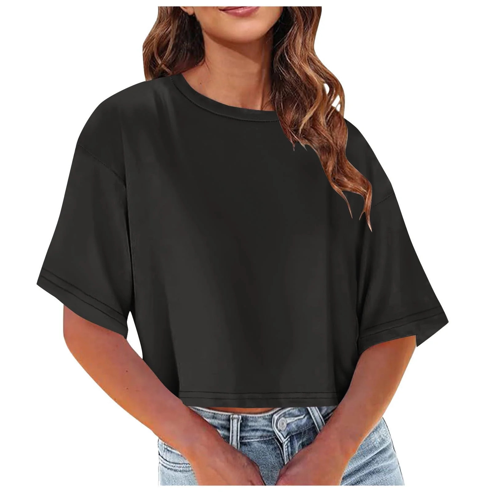 Lenpel Crop Tops for Women Casual Loose Short Sleeve Crew Neck Solid Color Workout T-Shirts Athle... | Walmart (CA)