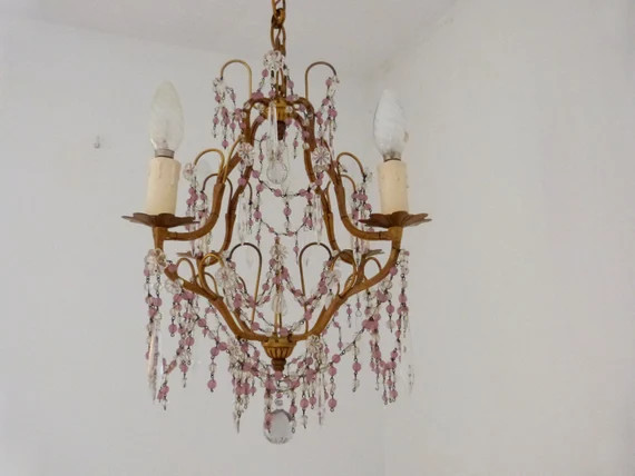 Antique 1900s French crystal prism bronze chandelier lighting fixture ceiling light w pink glass ... | Etsy (CAD)