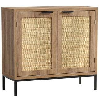 Rustic Oak Accent Storage Cabinet with 2 Rattan Doors Mid Century Natural Wood Sideboard Furnitur... | The Home Depot