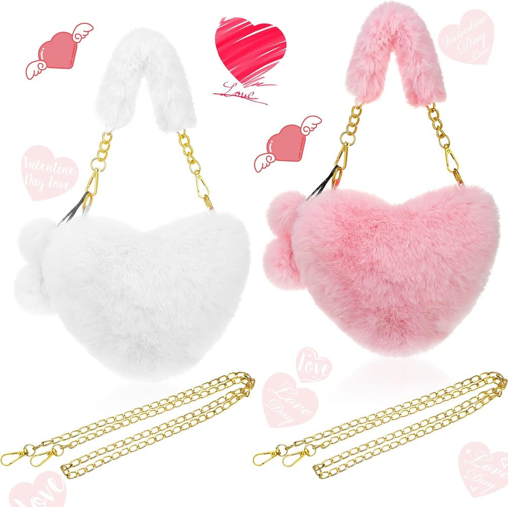2 Pieces Valentine's Day Furry Purse Soft Fluffy Faux Fur Heart Handbags for Women Girls Valentin... | Amazon (US)