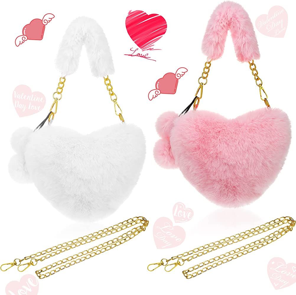 2 Pieces Valentine's Day Furry Purse Soft Fluffy Faux Fur Heart Handbags for Women Girls Valentin... | Amazon (US)