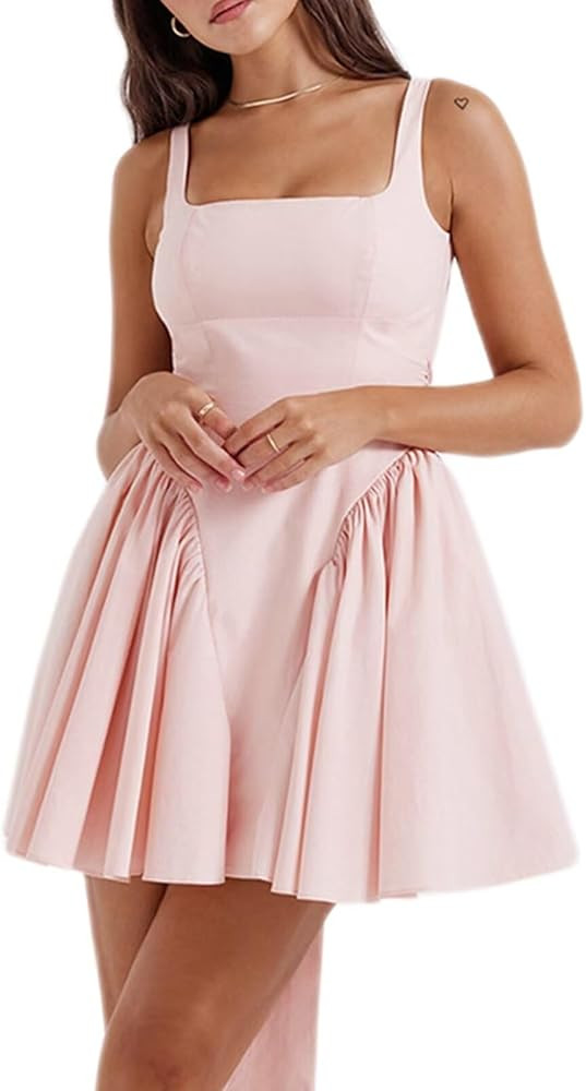 Women’s 2024 Summer Mini Dress Square Neck Sleeveless Open Back Tie Waist Flowy A-line Bodycon ... | Amazon (US)