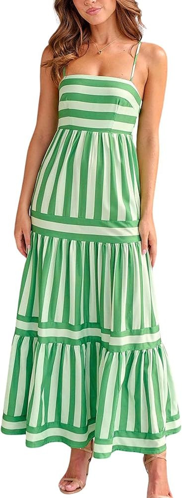 chouyatou Women Spaghetti Strap Back Smocked Maxi Striped Dress Summer Casual Floral Flowy Beach ... | Amazon (US)