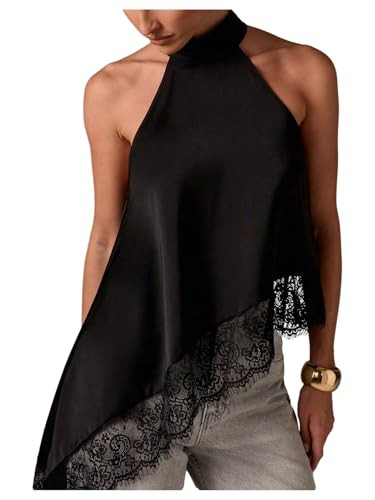Milumia Women's Halter Neck Sleeveless Top Lace Asymmetrical Hem Summer Going Out Tank Tops | Amazon (US)