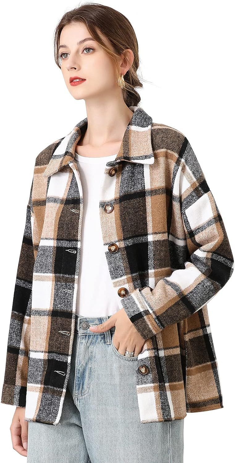 Liengoron Womens Shacket Casual Oversized Flannel Long Sleeve Plaid Shirt Blouses Tops Lapel Shac... | Amazon (US)