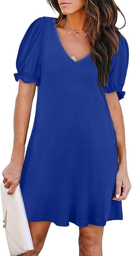 Aloodor Women's Casual Dresses Short Sleeve V-Neck Dress with Pockets | Amazon (US)