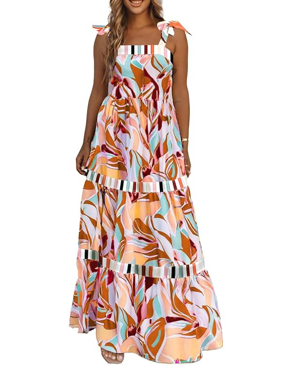 AlvaQ Women's 2025 Summer Sleeveless Floral Print Maxi Dress Strap Square Neck Beach Sun Dress | Amazon (US)