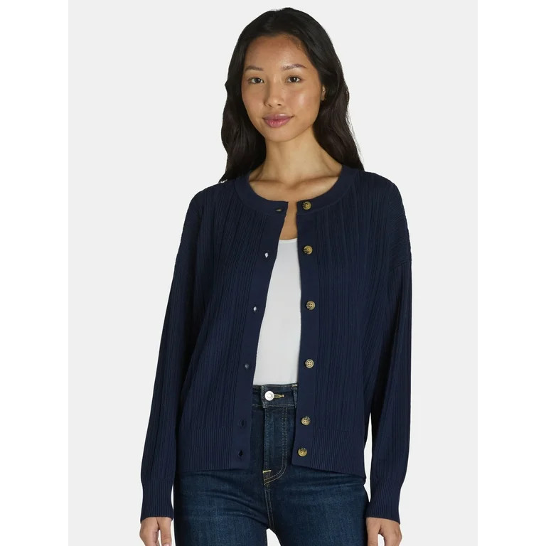 Time and Tru Women's Fine Gauge Rib Crew Cardigan with Long Sleeves, Sizes XS-XXXL - Walmart.com | Walmart (US)