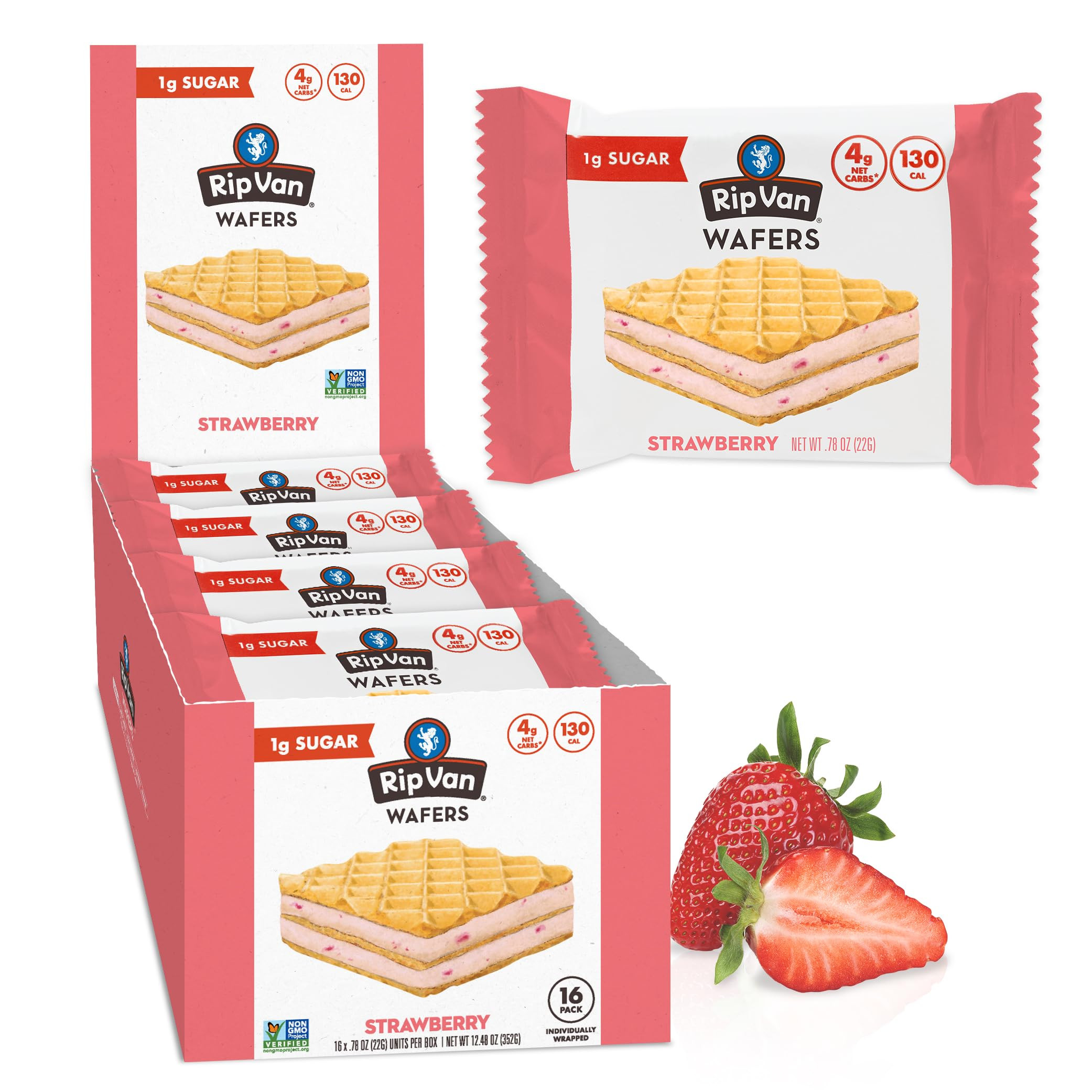 Rip Van Strawberry Keto Wafer Cookies - Healthy Vegan Snacks - Non GMO, Low Sugar (1g), Low Calor... | Amazon (US)