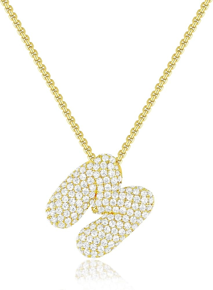 KissYan Bubble Letter Necklace, 14K Gold Plated Balloon Initial Pendant Box Chain Necklace Dainty... | Amazon (US)
