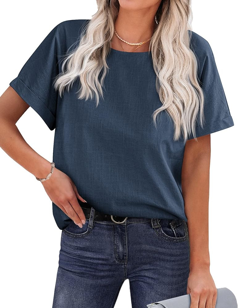 Chigant Women's Linen Shirts Short Sleeve Cotton Blouses Casual Loose Round Collar Solid Boxy Tun... | Amazon (US)