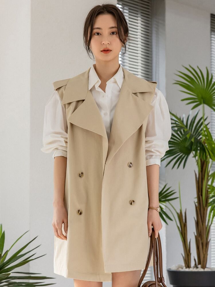 Dazy-Less Double Breasted Lapel Neck Sleeveless Trench Coat | SHEIN