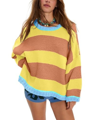 chouyatou Women's 2025 Color Block Striped Sweaters Crewneck Long Sleeve Casual Oversized Knitted Sweater Tops (X-Large, Orange and Yellow) | Amazon (US)