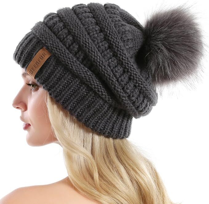 Queenfur Knit Slouchy Beanie for Women Thick Baggy Hat Faux Fur Pompom Winter Hat | Amazon (CA)