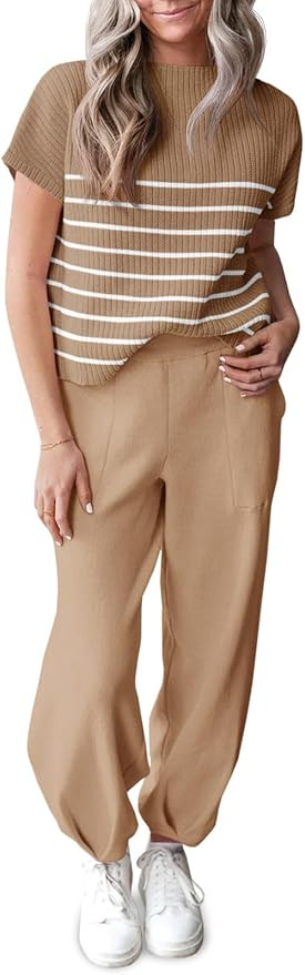 Tankaneo Striped Knit Sets Women 2 Piece Outfits Short Sleeve Pant Sets 2024 Fall Matching Sweats... | Amazon (US)