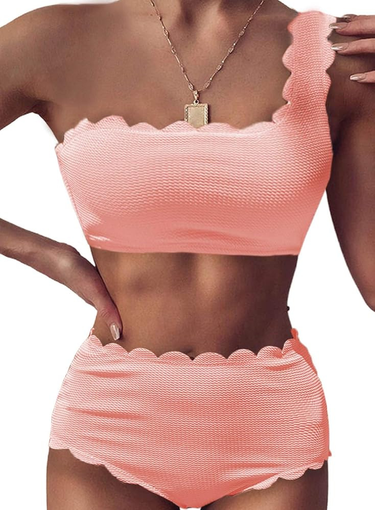 Aleumdr Womens Vintage High Waisted Two Pieces Scalloped Trim One Shoulder Bikini Bathing Suit | Amazon (US)