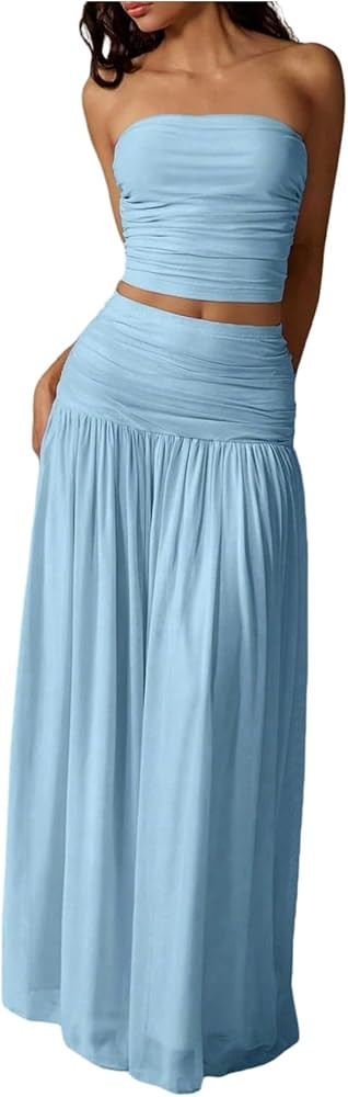 Verdusa Women's 2 Piece Sets Summer Skirt Set Brunch Vacation Outfits Ruched Strapless Bandeau To... | Amazon (US)