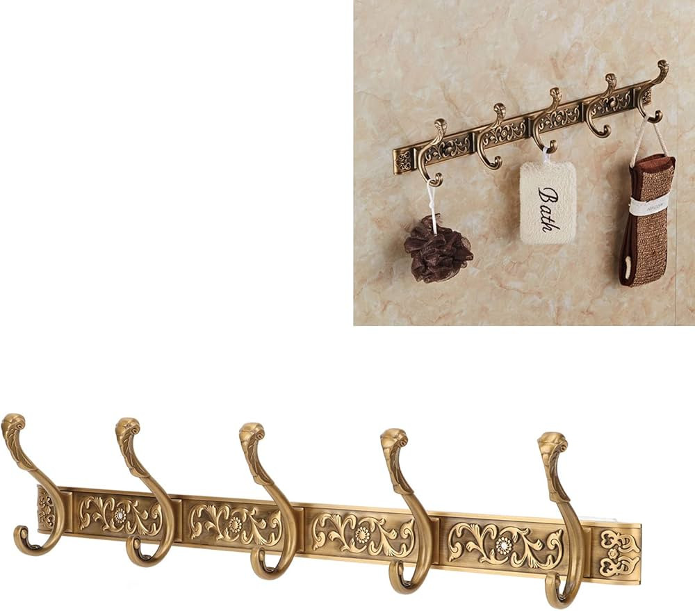 Coat Rack Wall Mounted, Aluminum Wall Hooks for Hanging with 5 Hooks Vintage Gold Wall Mount Coat... | Amazon (US)