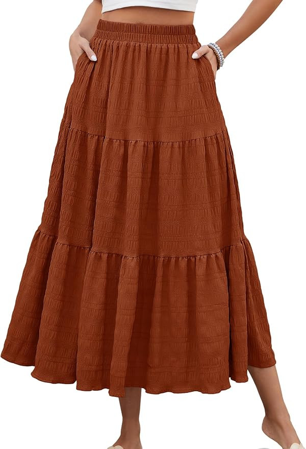 Women's Summer Casual Elegant Smock Layered Tiered Maxi Skirt High Waisted A Line Flowy Long Skir... | Amazon (US)
