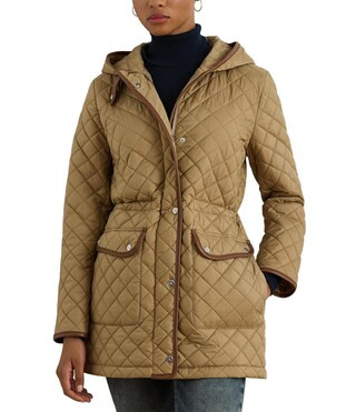 Lauren Ralph Lauren Petite Size Anorak Quilted Hooded Neck Drawcord Waist Snap Front Coat | Dilla... | Dillard's
