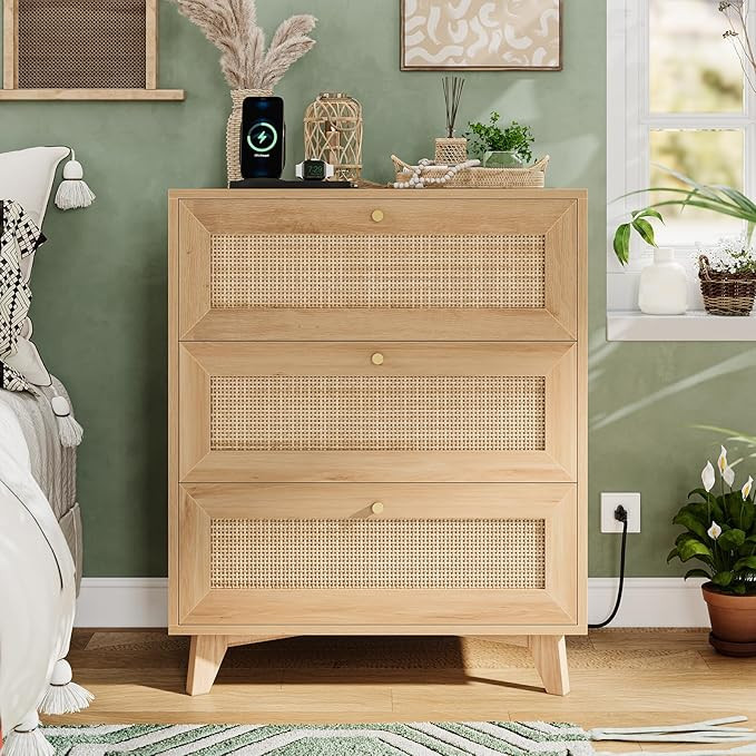 VIAGDO Rattan Nightstand with Charging Station, Natural Rattan Night Stand with 3 Large Rattan De... | Amazon (US)