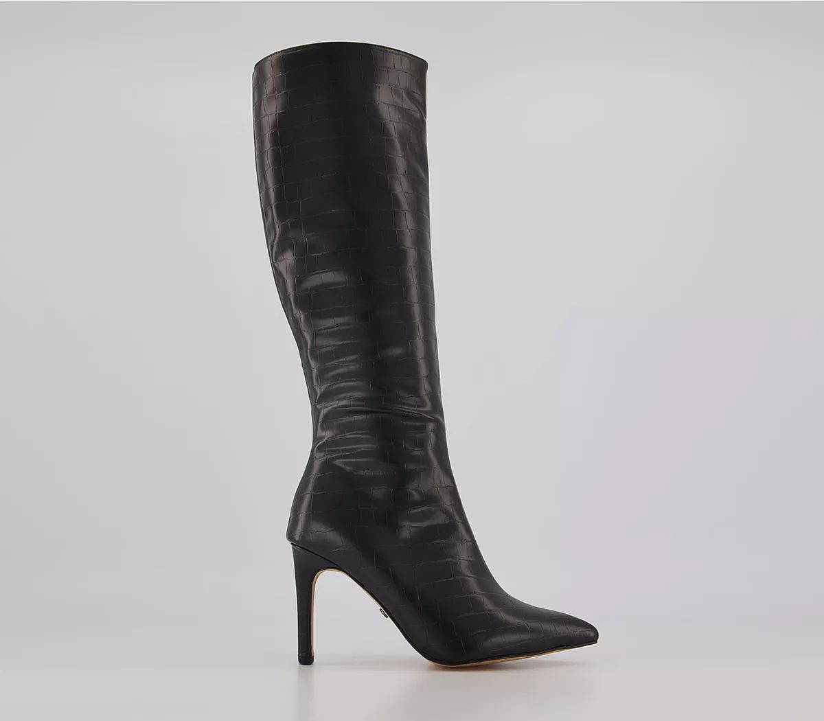 Office
								Knighted Pointed Toe Knee High Heeled Boots
								Black Croc | OFFICE London (UK)