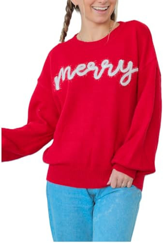 Merry Sweater Sparkle Tinsel Letter Santa Shirts Christmas Sweatshirts Merry & Bright Knit Sweater Tops for Women Girls 2024 | Amazon (US)
